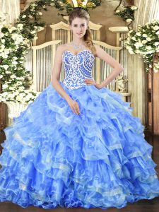 Exquisite Sweetheart Sleeveless Lace Up Sweet 16 Dress Blue Organza