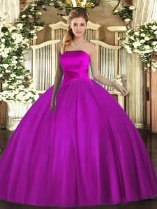 Floor Length Fuchsia Quinceanera Gown Tulle Sleeveless Ruching