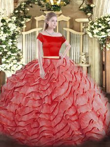 Short Sleeves Tulle Brush Train Zipper Quinceanera Dresses in Coral Red with Ruffled Layers