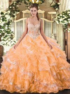 Designer Orange Organza Lace Up Straps Sleeveless Floor Length Sweet 16 Dresses Beading and Ruffled Layers