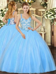 Baby Blue Sleeveless Floor Length Beading and Appliques Lace Up Ball Gown Prom Dress