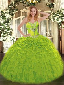 Stunning Olive Green Organza Lace Up Sweetheart Sleeveless Floor Length 15th Birthday Dress Beading and Ruffles