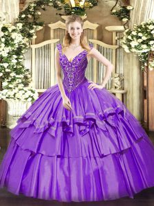 Ball Gowns Quince Ball Gowns Lavender V-neck Organza and Taffeta Sleeveless Floor Length Lace Up
