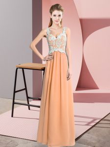Shining Chiffon V-neck Sleeveless Zipper Lace Prom Dresses in Peach