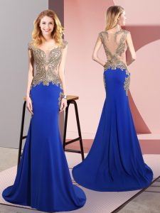 Artistic Beading Prom Dresses Royal Blue Side Zipper Sleeveless Sweep Train
