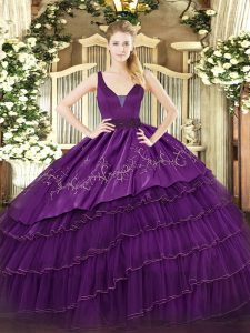Ball Gowns Quince Ball Gowns Purple Straps Organza and Taffeta Sleeveless Floor Length Zipper
