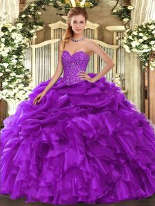 Simple Floor Length Purple Quince Ball Gowns Organza Sleeveless Beading and Ruffles and Pick Ups