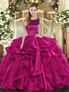 High Quality Floor Length Ball Gowns Sleeveless Fuchsia Quince Ball Gowns Lace Up