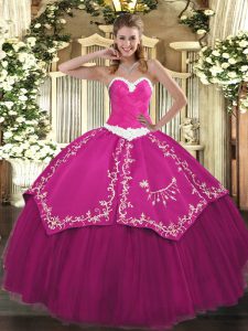 Fashionable Sleeveless Satin and Tulle Floor Length Lace Up Sweet 16 Dress in Fuchsia with Appliques and Embroidery