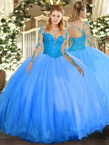 Affordable Baby Blue Lace Up 15 Quinceanera Dress Lace Long Sleeves Floor Length