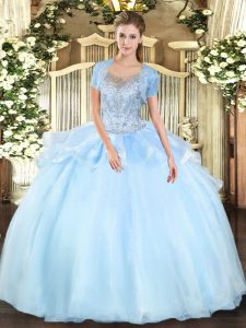 Low Price Sleeveless Organza and Tulle Floor Length Clasp Handle Quinceanera Gowns in Aqua Blue with Beading