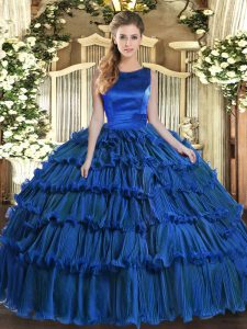 Noble Royal Blue Scoop Lace Up Ruffled Layers Vestidos de Quinceanera Sleeveless