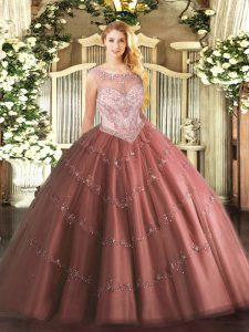 High Quality Tulle Scoop Sleeveless Zipper Beading and Appliques Quinceanera Dresses in Brown