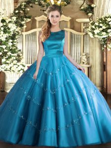 Aqua Blue Sleeveless Appliques Floor Length Sweet 16 Dress