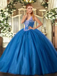 Blue Straps Neckline Beading Ball Gown Prom Dress Sleeveless Lace Up