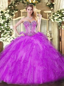 Free and Easy Tulle Sweetheart Sleeveless Lace Up Beading and Ruffles Quince Ball Gowns in Fuchsia