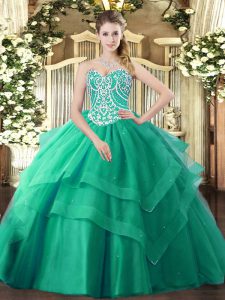 Turquoise Tulle Lace Up Sweetheart Sleeveless Floor Length Sweet 16 Dresses Beading and Ruffled Layers