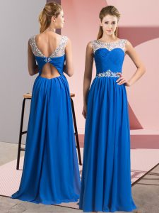 Elegant Blue Empire Chiffon Scoop Sleeveless Beading Floor Length Clasp Handle Prom Dress