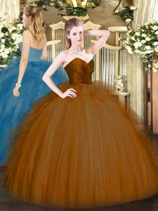 Floor Length Brown Quinceanera Gown Tulle Sleeveless Ruffles