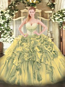 Dramatic Floor Length Lace Up Sweet 16 Quinceanera Dress Olive Green for Military Ball and Sweet 16 and Quinceanera with