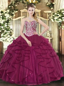 Fabulous Burgundy Ball Gowns Beading and Ruffles 15 Quinceanera Dress Lace Up Tulle Sleeveless Floor Length