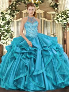 Teal Ball Gowns Organza Halter Top Sleeveless Beading Floor Length Lace Up 15 Quinceanera Dress