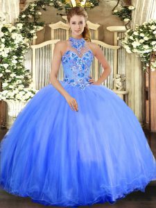 Top Selling Blue Sleeveless Tulle Lace Up Quinceanera Dress for Military Ball and Sweet 16 and Quinceanera