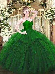 Flare Green Ball Gowns Sweetheart Sleeveless Tulle Floor Length Zipper Ruffles Sweet 16 Dress