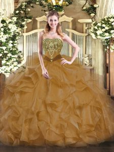 Sleeveless Floor Length Beading and Ruffles Lace Up Quinceanera Gowns with Brown