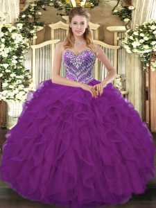 On Sale Sleeveless Tulle Floor Length Lace Up Sweet 16 Quinceanera Dress in Fuchsia with Beading and Ruffled Layers