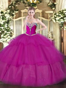 Best Selling Fuchsia Ball Gowns Tulle Sweetheart Sleeveless Beading and Ruffled Layers Floor Length Lace Up Sweet 16 Dre
