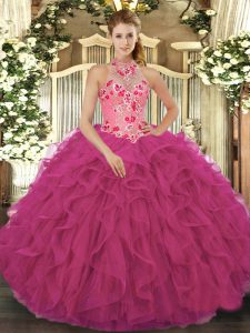 Hot Pink Ball Gowns Beading and Embroidery and Ruffles Quinceanera Dresses Lace Up Organza Sleeveless Floor Length