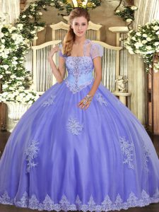 Lavender Ball Gowns Tulle Strapless Sleeveless Appliques Floor Length Lace Up Ball Gown Prom Dress