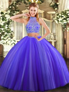 Vintage Purple Two Pieces Beading Quinceanera Dresses Criss Cross Tulle Sleeveless Floor Length