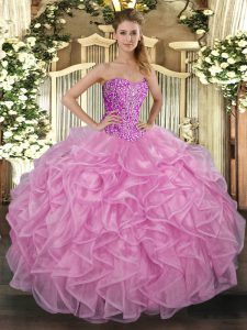 Floor Length Lace Up Sweet 16 Dress Rose Pink for Military Ball and Sweet 16 and Quinceanera with Beading and Ruffles