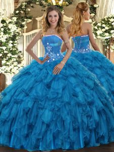 Strapless Sleeveless Organza Ball Gown Prom Dress Beading and Ruffles Lace Up