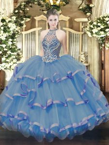 Sophisticated Sleeveless Organza Floor Length Lace Up Quince Ball Gowns in Blue with Beading and Ruffles