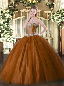 Sleeveless Tulle Floor Length Lace Up Vestidos de Quinceanera in Rust Red with Beading