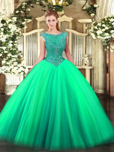 Sleeveless Tulle Floor Length Zipper Sweet 16 Dresses in Turquoise with Beading