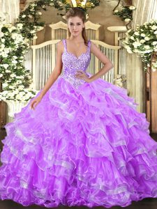 Sleeveless Lace Up Floor Length Beading and Ruffled Layers Ball Gown Prom Dress