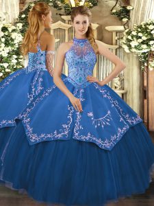 Teal Lace Up Halter Top Beading and Embroidery Quinceanera Dresses Tulle Sleeveless
