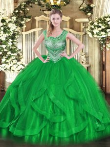 Scoop Sleeveless Lace Up Sweet 16 Dresses Green Tulle