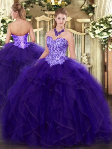 Purple Lace Up Sweetheart Appliques and Ruffles Vestidos de Quinceanera Organza Sleeveless