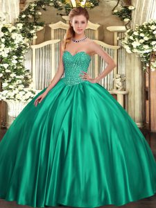 Turquoise Satin Lace Up Sweet 16 Dresses Sleeveless Floor Length Beading