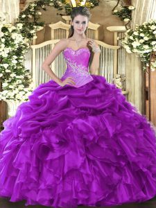 Fantastic Beading and Ruffles and Pick Ups Quinceanera Gown Eggplant Purple Lace Up Sleeveless Floor Length