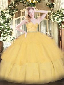Tulle Sleeveless Floor Length Sweet 16 Dresses and Beading and Lace and Ruffled Layers