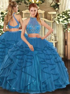 Fashion Floor Length Criss Cross Vestidos de Quinceanera Teal for Military Ball and Sweet 16 and Quinceanera with Beadin