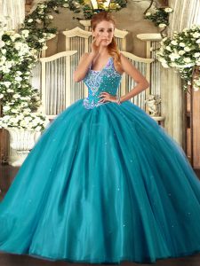 Noble Floor Length Teal 15 Quinceanera Dress Straps Sleeveless Lace Up
