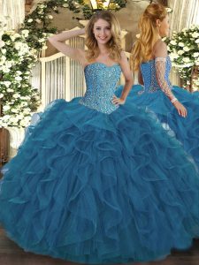 Fabulous Sleeveless Floor Length Beading and Ruffles Lace Up Quinceanera Gowns with Teal