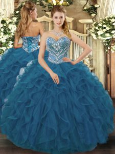Superior Floor Length Teal Quinceanera Dresses Tulle Sleeveless Beading and Ruffled Layers